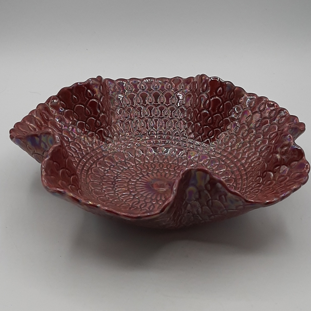 Raspberry Pink Vintage Boho Studio Pottery Trinket Candy Dish Ruffled Edges